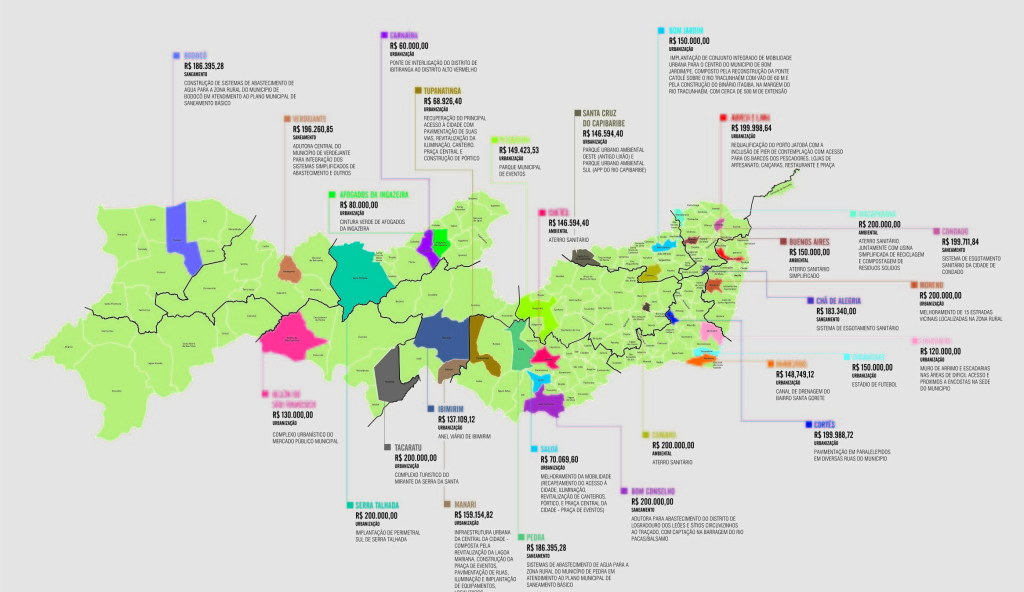 Mapa mostra municípios selecionados com valores e projetos