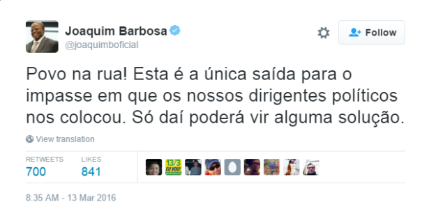 Reprodução da postagem de Joaquim Barbosa em uma rede social